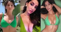 nora fatehi cleavage green bikini dress saree