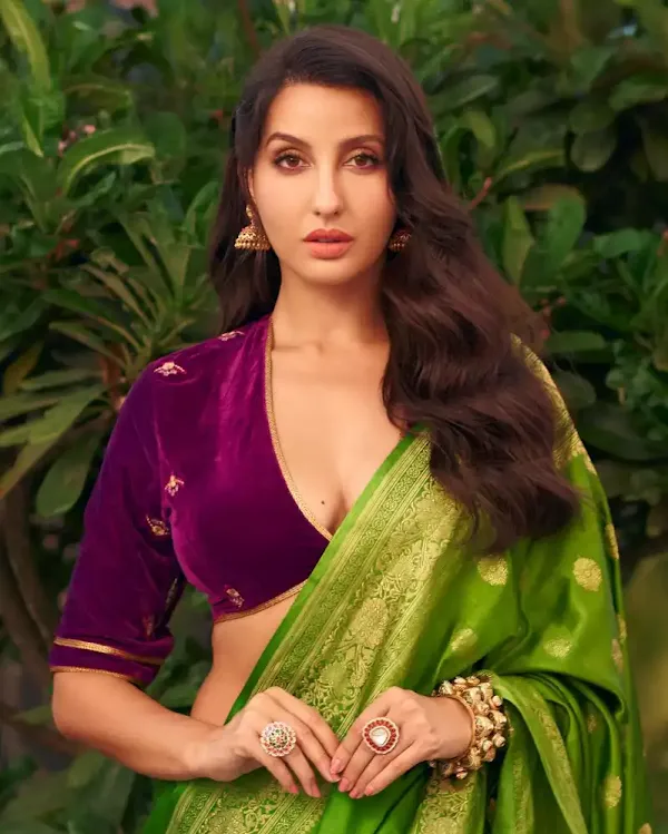 nora fatehi green saree deep neckline blouse nora fatehi green saree deep neckline blouse