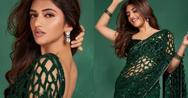 sreeleela green saree backless blouse