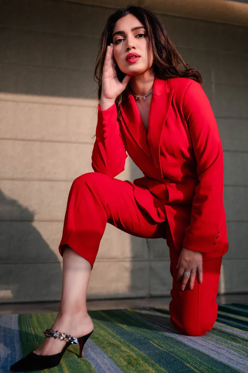 Bhumi Pednekar red pantsuit hot bollywood actress