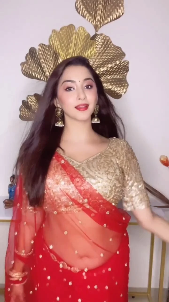 esshanya maheshwari navel red sheer saree curvy indian actress