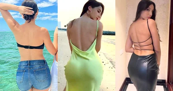 7 hottest photos of Nora Fatehi flaunting her sexy back in backless dresses, sarees and bikini top.