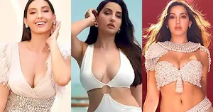 nora fatehi cleavage white dress busty bollywood