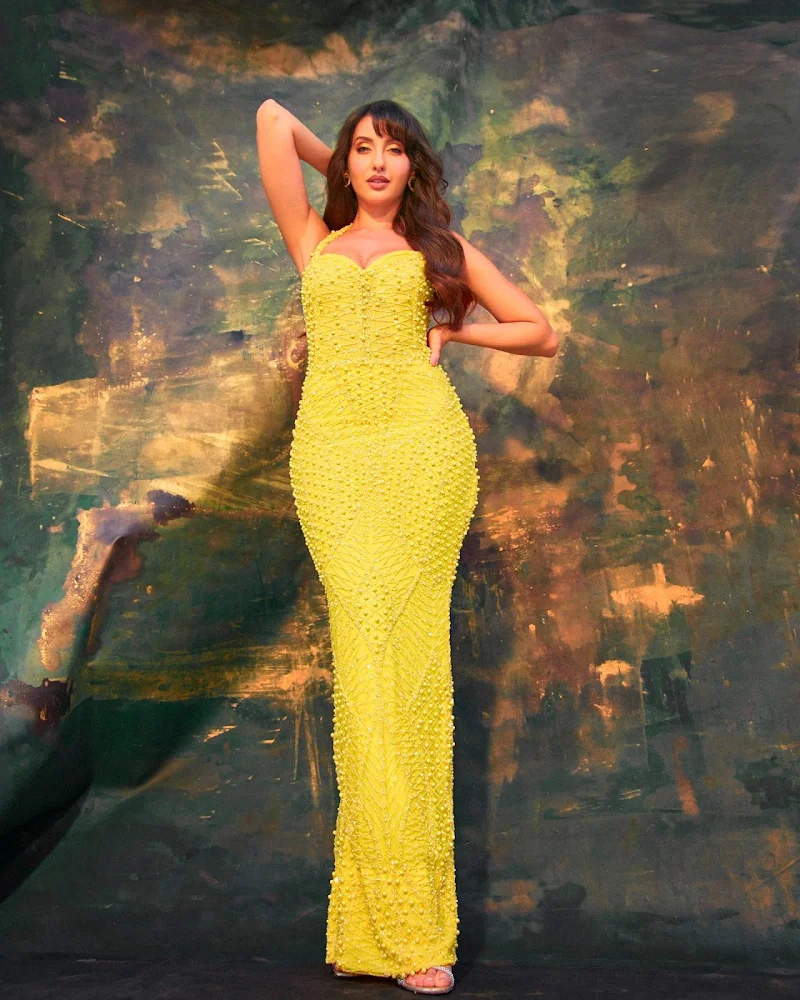 Nora Fatehi cleavage curvy yellow tight dress Nora Fatehi cleavage curvy yellow tight dress