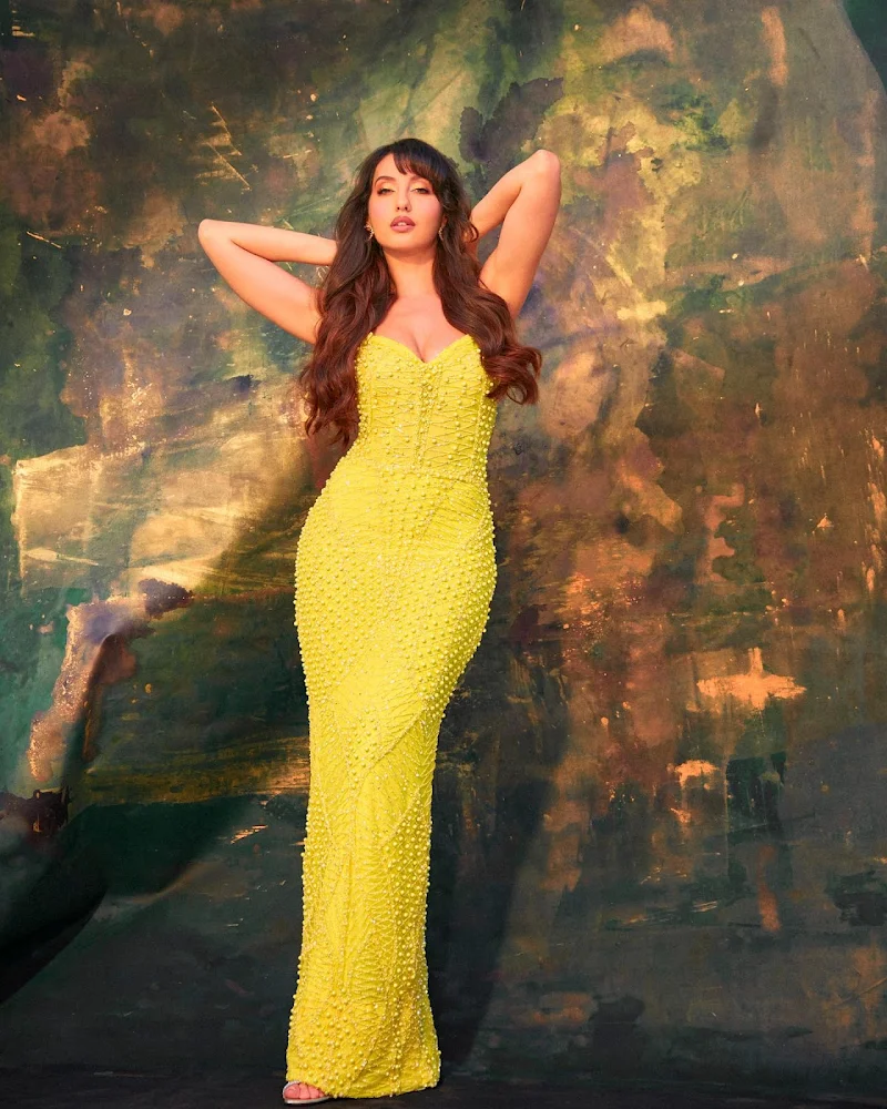 Nora Fatehi cleavage curvy yellow tight dress Nora Fatehi cleavage curvy yellow tight dress