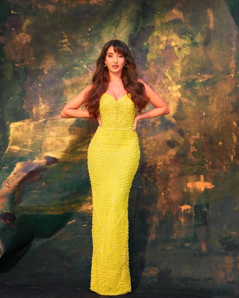 Nora Fatehi cleavage curvy yellow tight dress Nora Fatehi cleavage curvy yellow tight dress