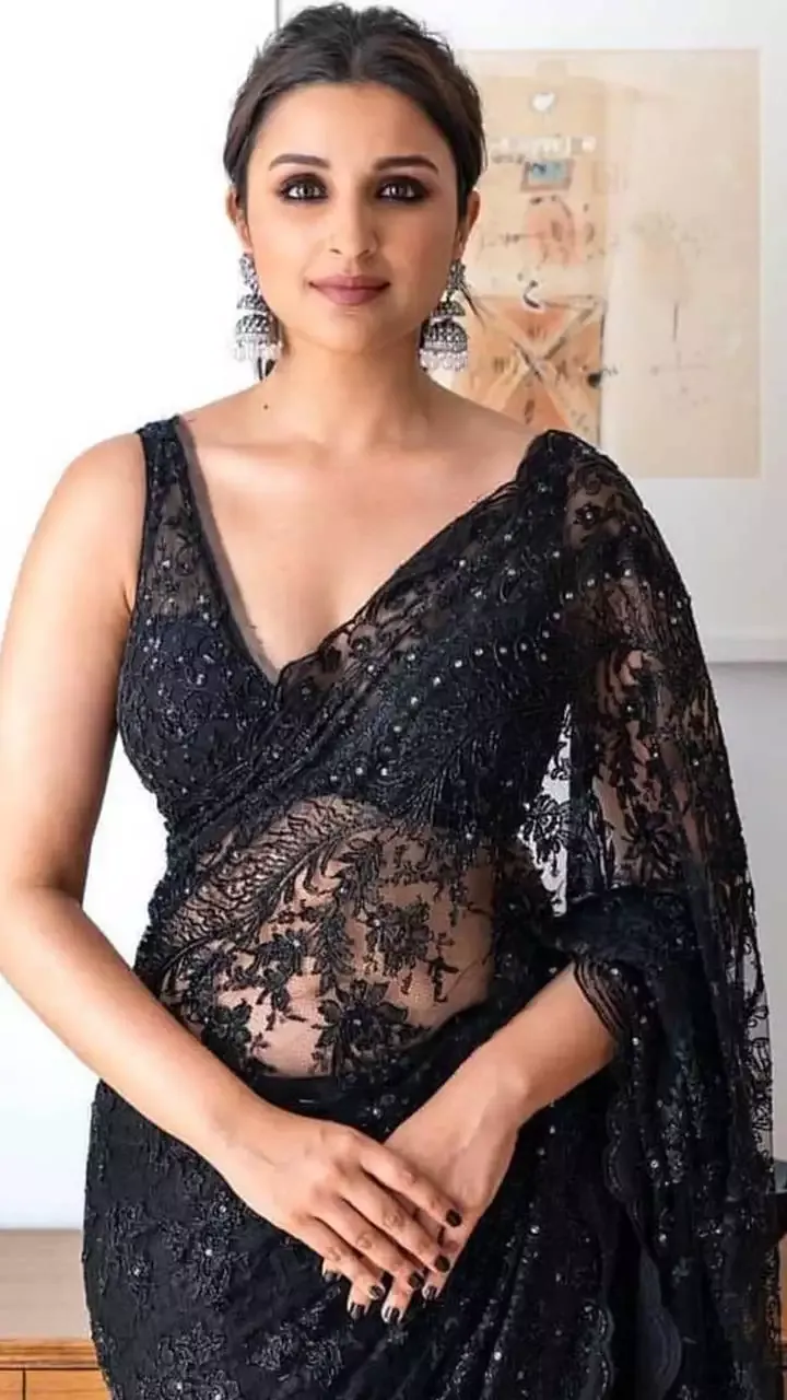 parineeti chopra sheer black saree hot bollywood actress