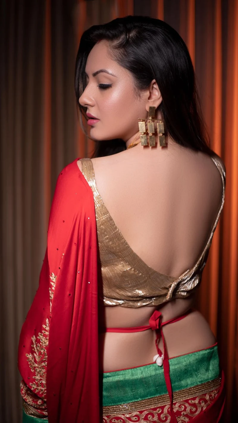 Puja Banerjee backless blouse red saree Puja Banerjee backless blouse red saree