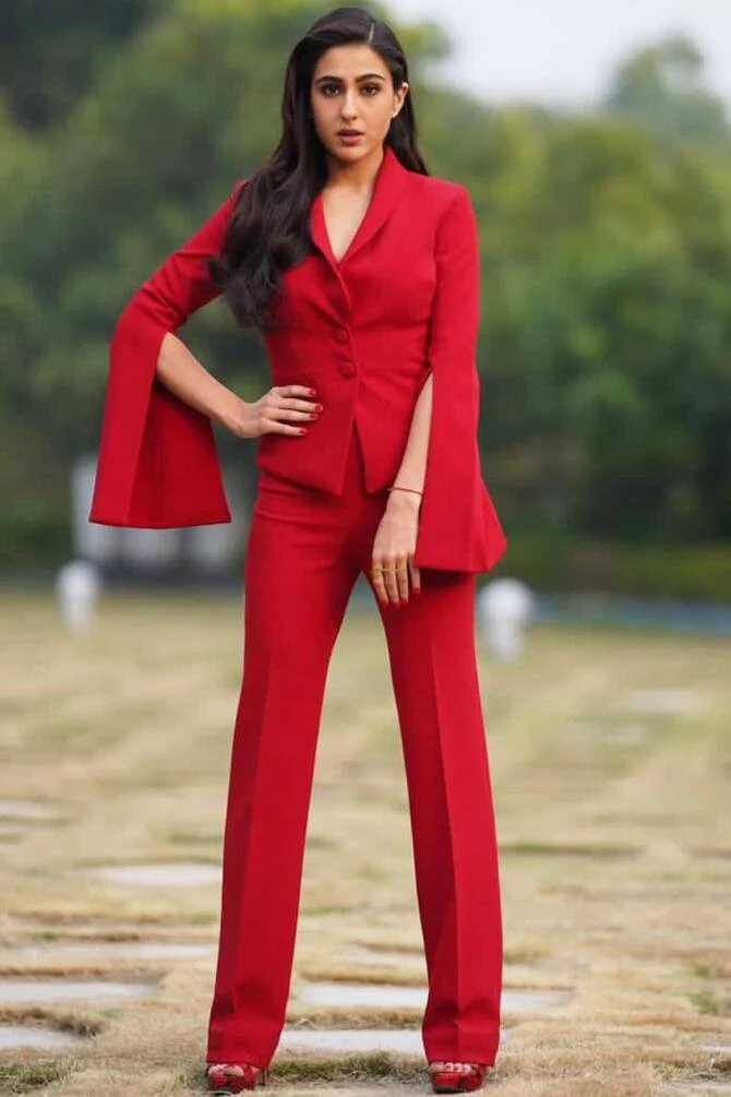Sara Ali Khan red pantsuit hot bollywood actress