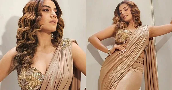 Akshara Singh golden saree curvy bhojpuri hot actress