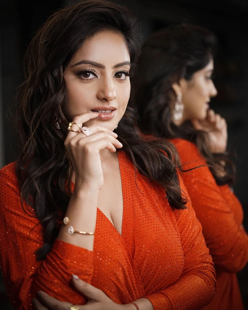 Deepika Singh curvy actress orange high slit dress Deepika Singh curvy actress orange high slit dress