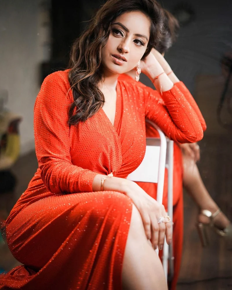 Deepika Singh curvy actress orange high slit dress Deepika Singh curvy actress orange high slit dress