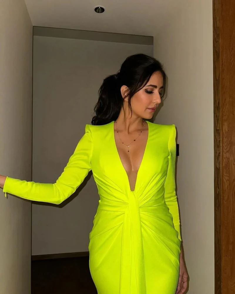katrina kaif neon green dress cleavage
