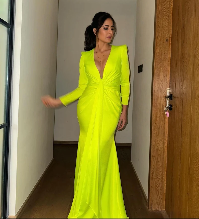 katrina kaif neon green dress cleavage