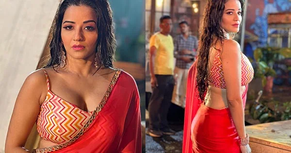 monalisa wet red saree bekaaboo cleavage