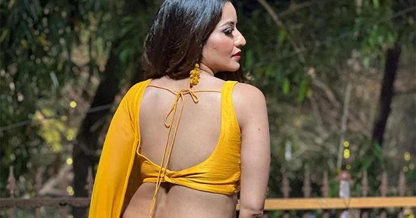 Monalisa in yellow saree with backless blouse sets temperature soaring – see hot photos.