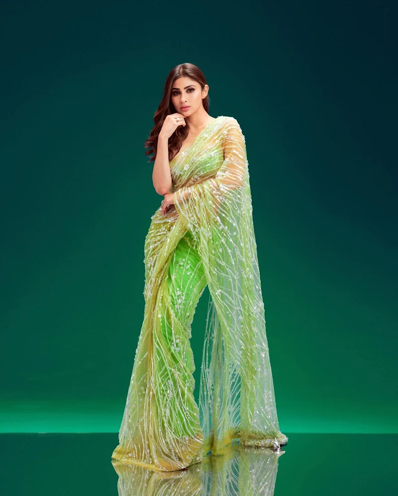 Mouni Roy sheer green saree tiny blouse Mouni Roy sheer green saree tiny blouse