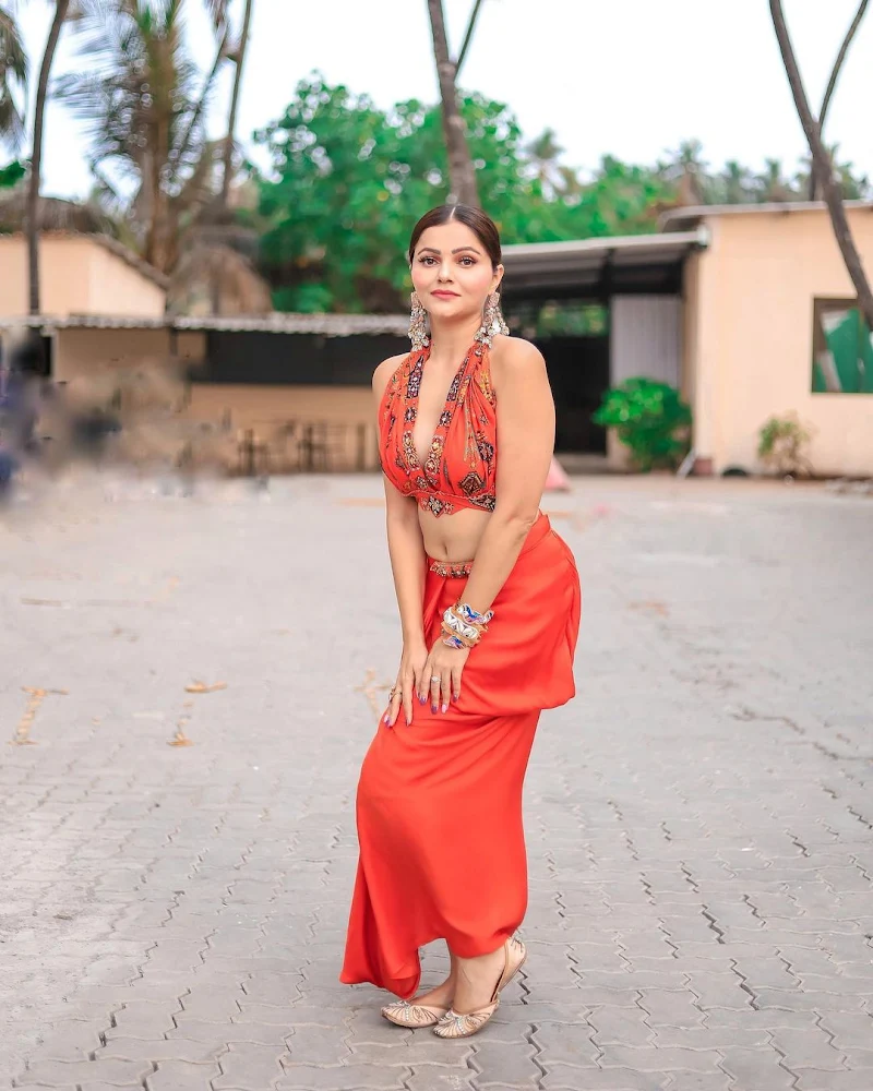 Rubina Dilaik navel cleavage orange stylish outfit