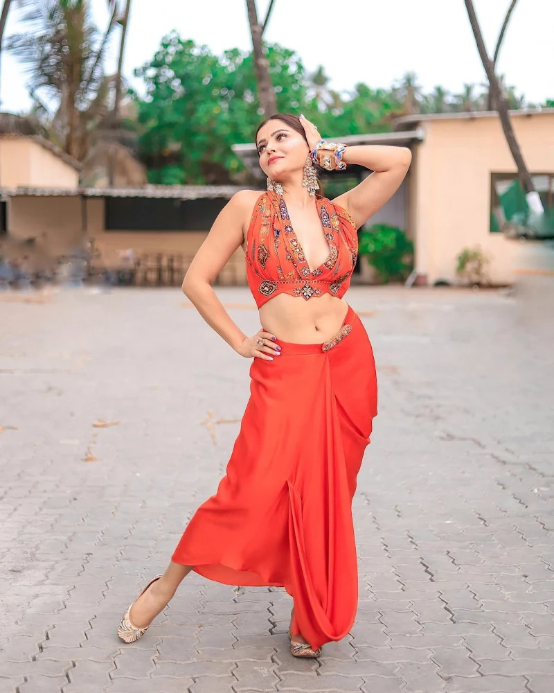 Rubina Dilaik navel cleavage orange stylish outfit