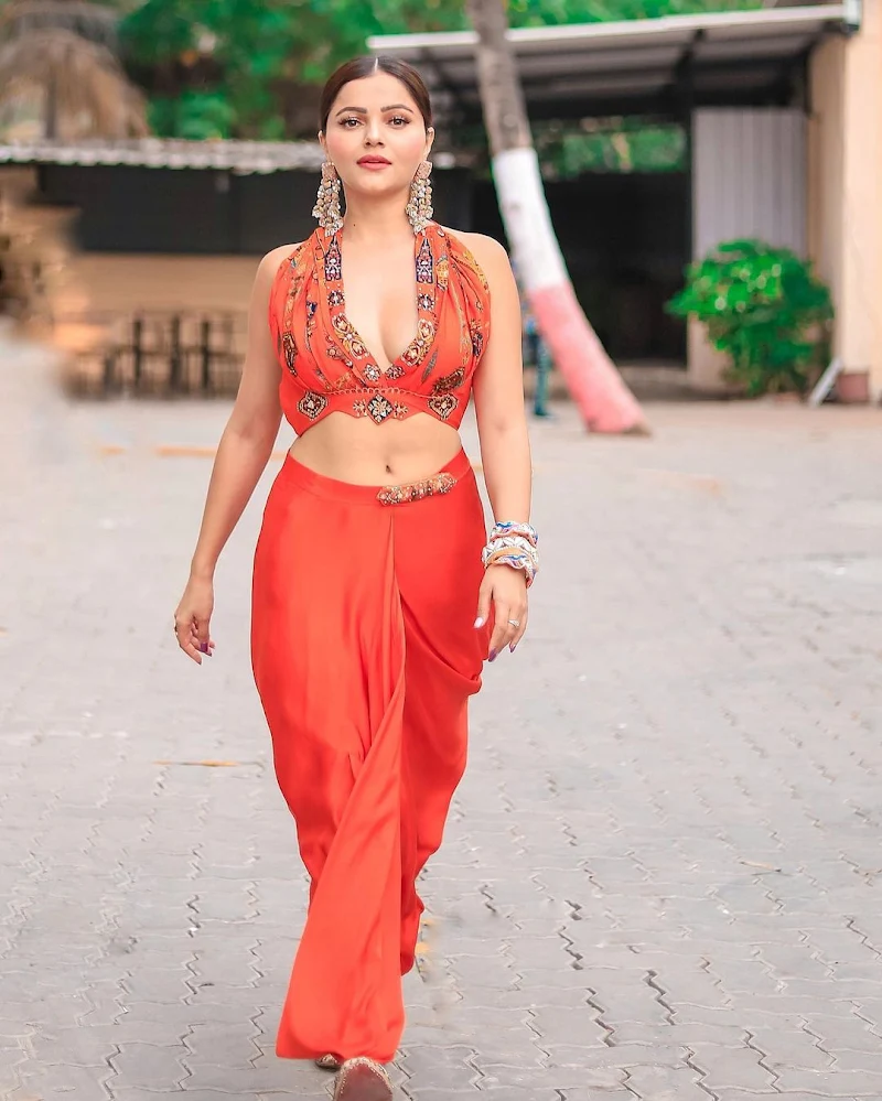 Rubina Dilaik navel cleavage orange stylish outfit