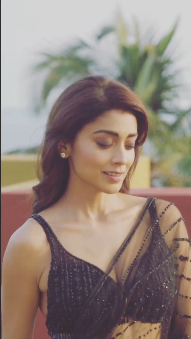 shriya saran sheer black saree navel