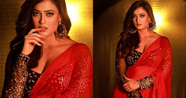 Shweta Tiwari in red saree with cleavage baring blouse looks stunning hot – see latest hot photos.