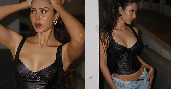 sonam bajwa leather top unbuttoned jeans