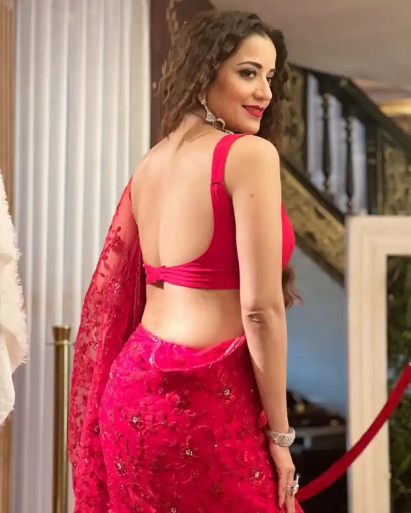 monalisa red backless saree