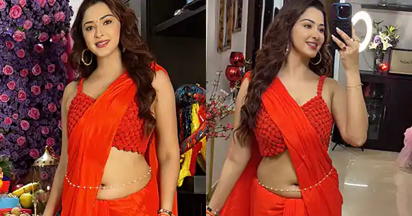 esshanya maheshwari navel red saree waist chain curvy indian