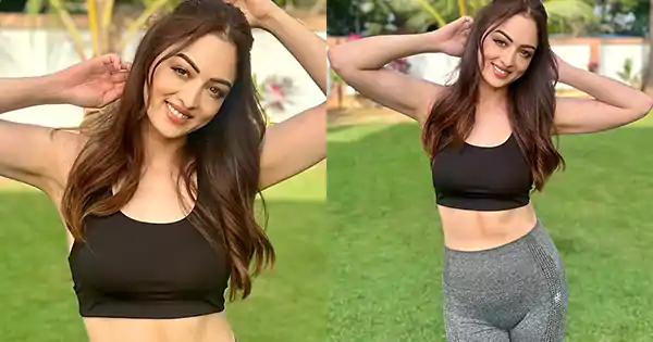 Sandeepa Dhar in crop top and leggings flaunts her slim toned figure.