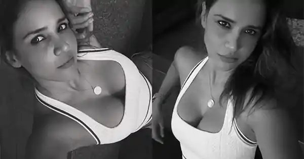 aisha sharma cleavage white top selfie