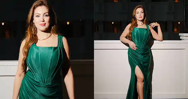 Munmun Dutta in thigh high slit green attire flaunted her fine curvy figure.