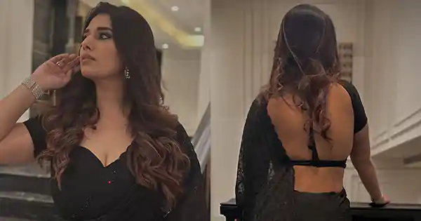 Rasha Kirmani in black saree with backless blouse looked stunning. rasha kirmani black saree backless blouse curvy actress