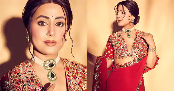 Hina Khan stunned in this red saree with deep neckline blouse.