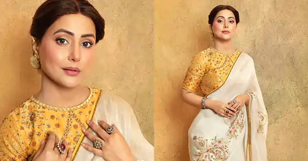 Hina Khan stunned in white saree with golden blouse.