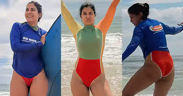 shreya dhanwanthary swimsuit surfing indian actress sexy thighs legs