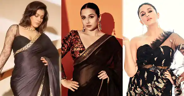 9 curvy Bollywood actresses in black sarees defining style.