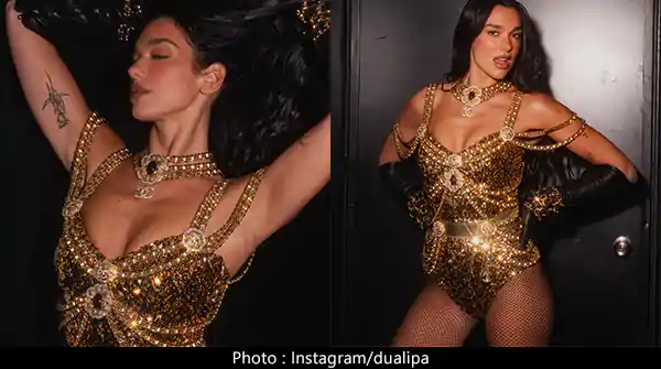 Dua Lipa in golden outfit looked too hot to handle.