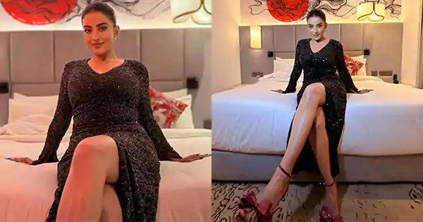 akshara singh high slit black dress sexy legs bhojpuri actress