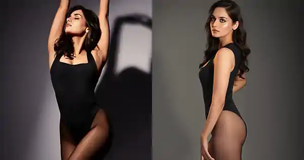 Manushi Chhillar in black bodysuit flaunted her slim sexy figure.