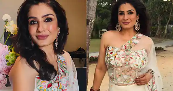 raveena tandon sheer white saree off shoulder blouse raveena tandon sheer white saree off shoulder blouse
