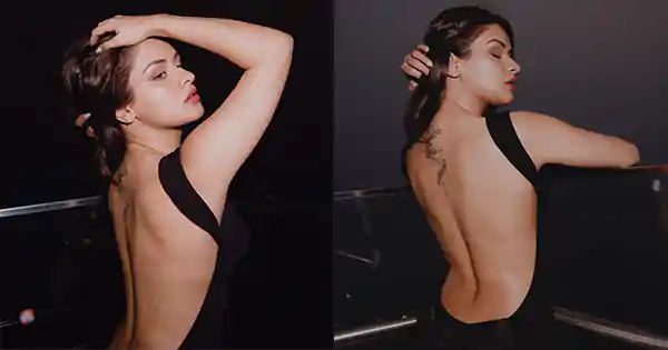 avneet kaur sexy back black backless dress