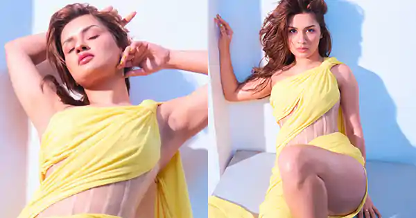 avneet kaur yellow high slit dress sexy legs thighs