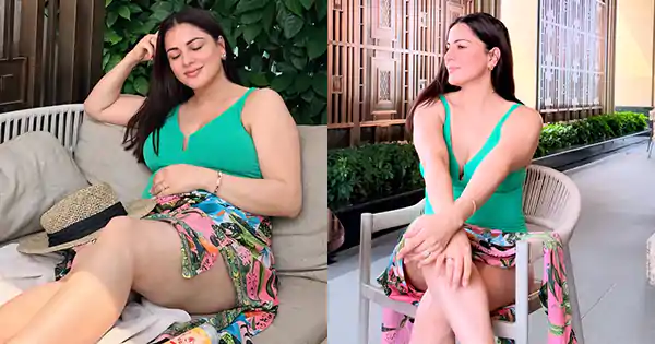 Shraddha Arya in green swimsuit flaunted her sexy legs.