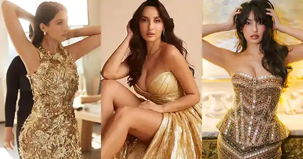 11 Nora Fatehi hot pics in stylish golden outfit.