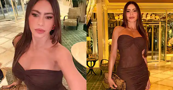 Sofia Vergara in off shoulder brown dress defied age.