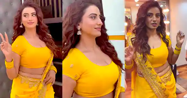 akshara singh yellow saree curvy bhojpuri actress welcome 3 ghis ghis